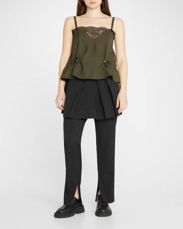 Slit-Hem Straight-Leg Suiting Pants w/ Pleated Skirt Overlay